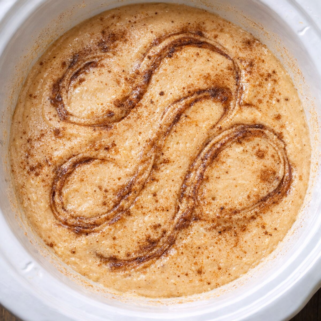 Cinnamon swirled into cake batter in slow cooker
