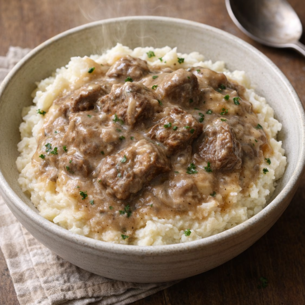 Slow cooker smothered beef served over mashed potatoes