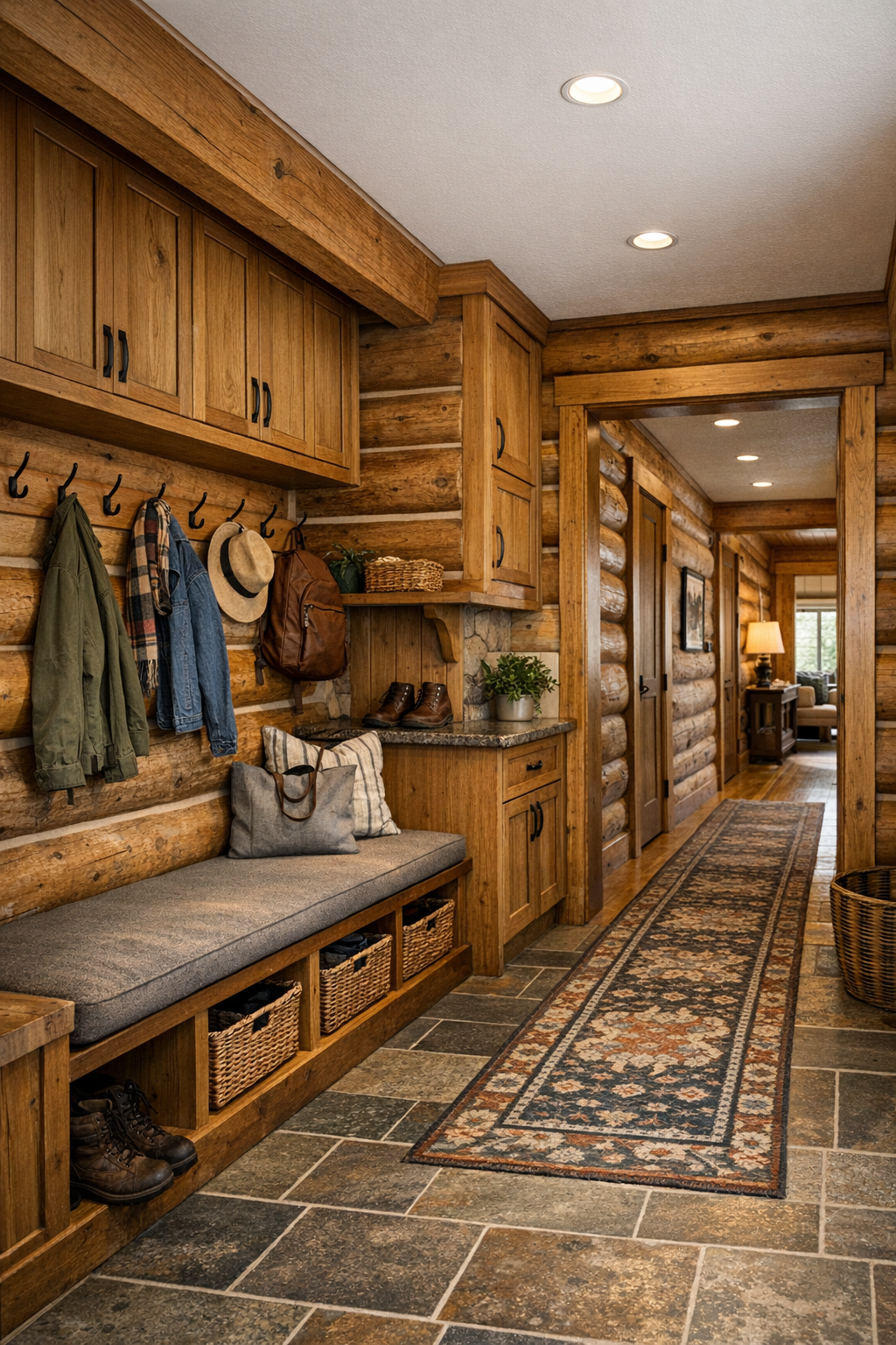 Mudroom and hallway area with built-in bench, storage, and warm wood details