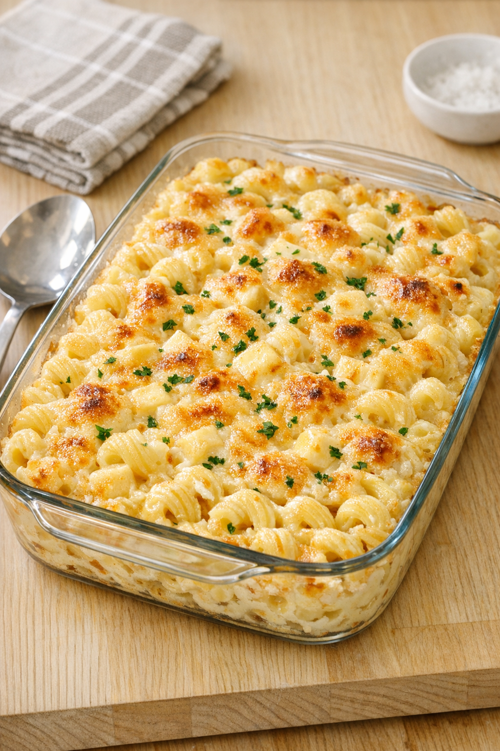 Finished baked muenster macaroni in a glass casserole dish