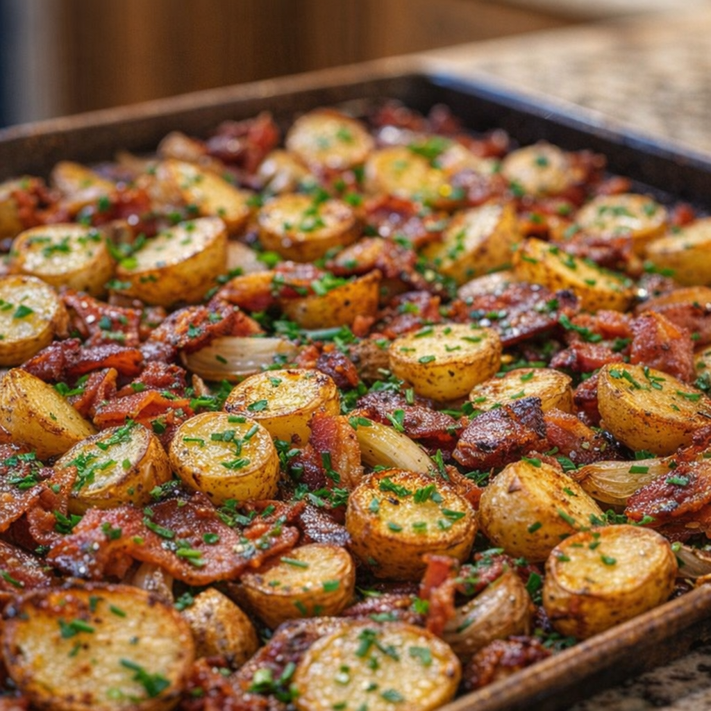 Close view of crispy potatoes and bacon topped with herbs