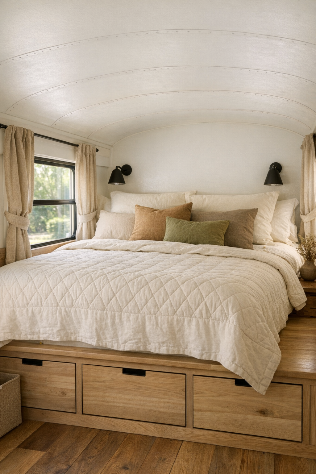 Serene converted bus bedroom with platform bed, soft neutral bedding, and side windows