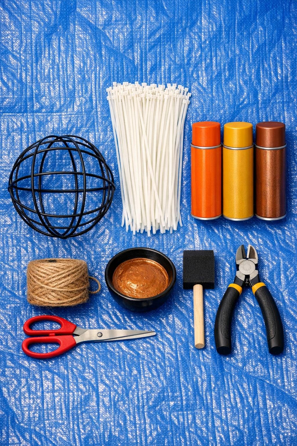 Materials for making a zip tie harvest sphere laid out neatly