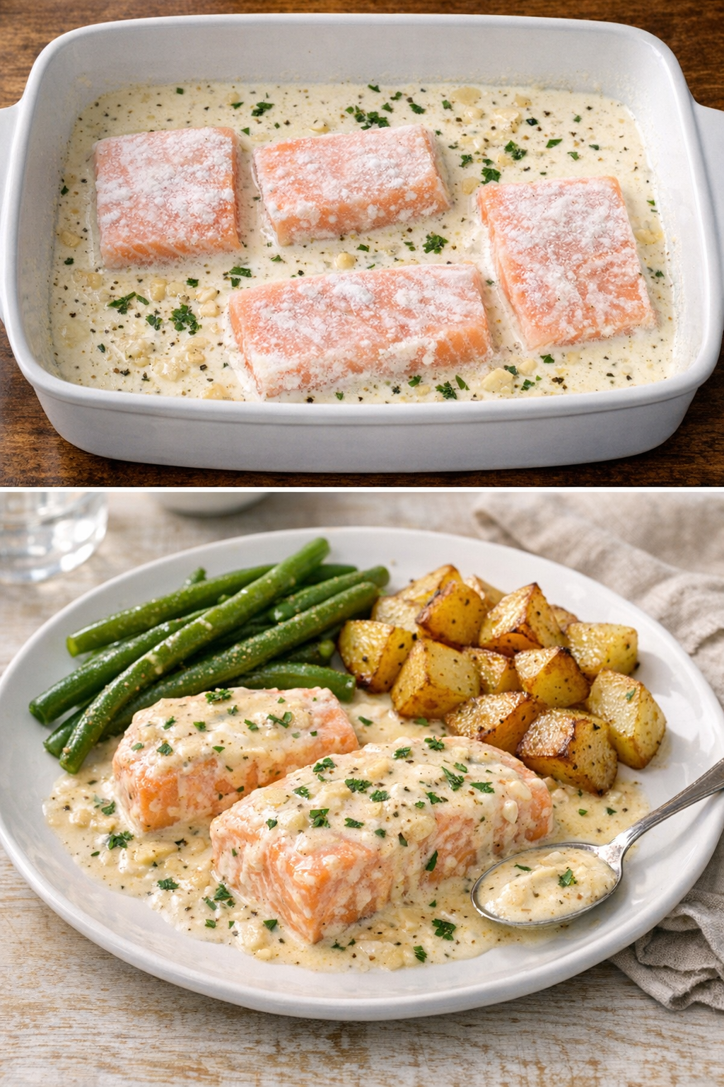 Baked creamy salmon plated with sauce
