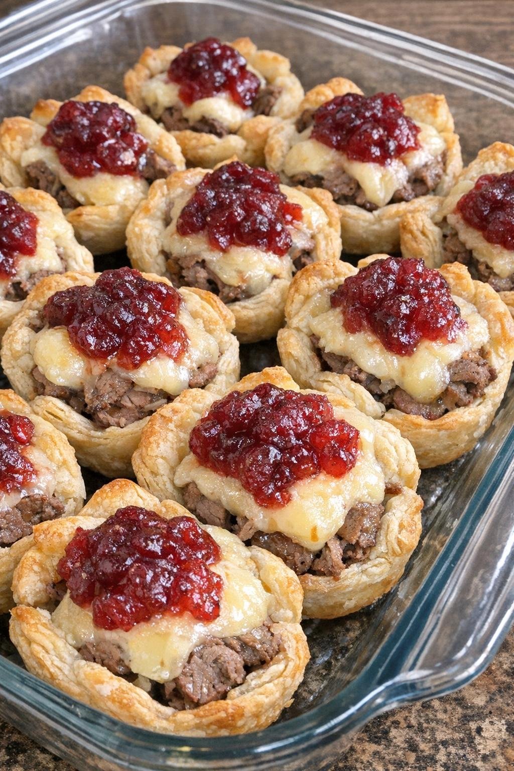 Finished beef and brie tartlets fresh from the oven