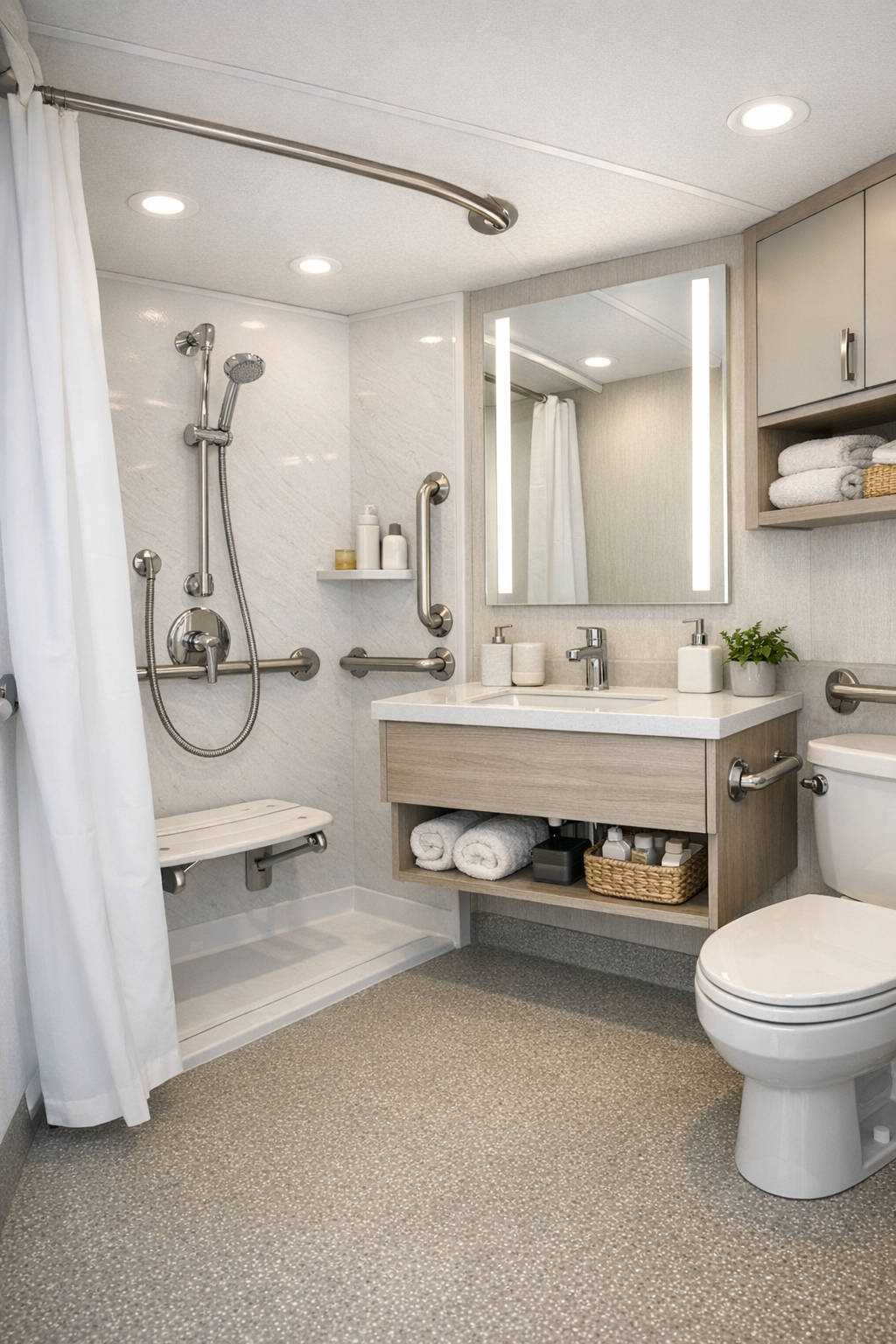 Accessible RV bathroom with a curb-free shower, floating vanity, and light modern finishes