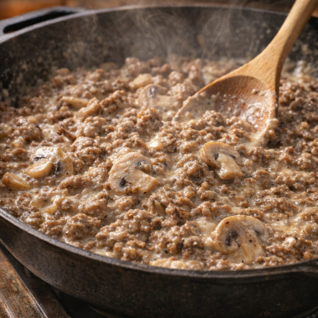 Creamy beef and mushroom filling in skillet