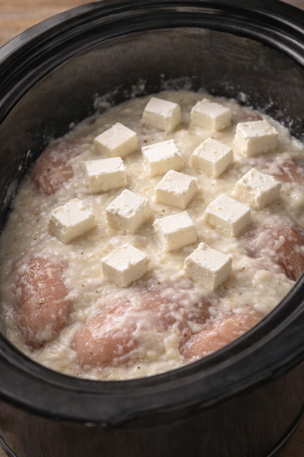Cream cheese cubes and sauce layered over chicken