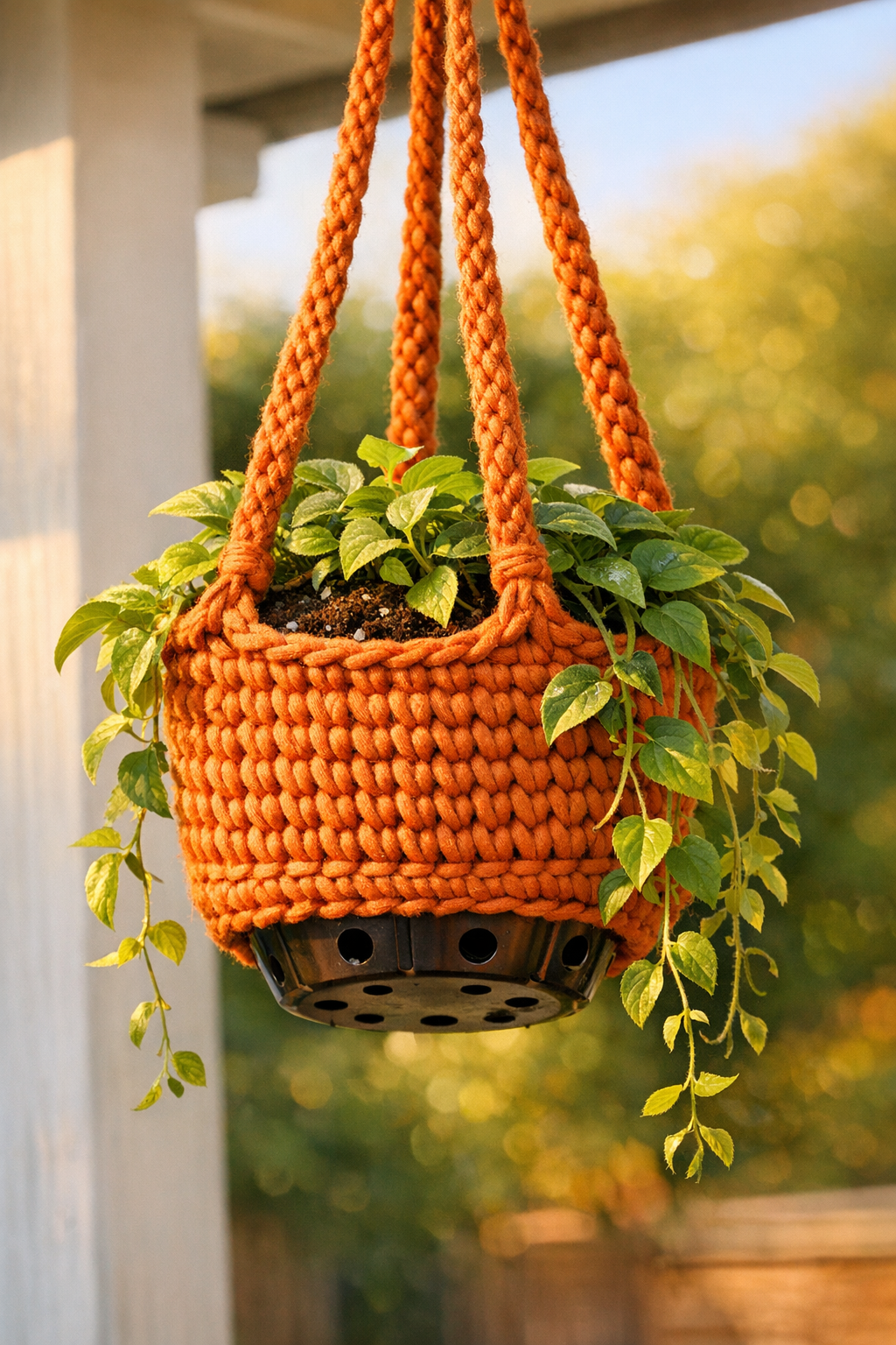 Finished crocheted hanging planter made from a candy bucket