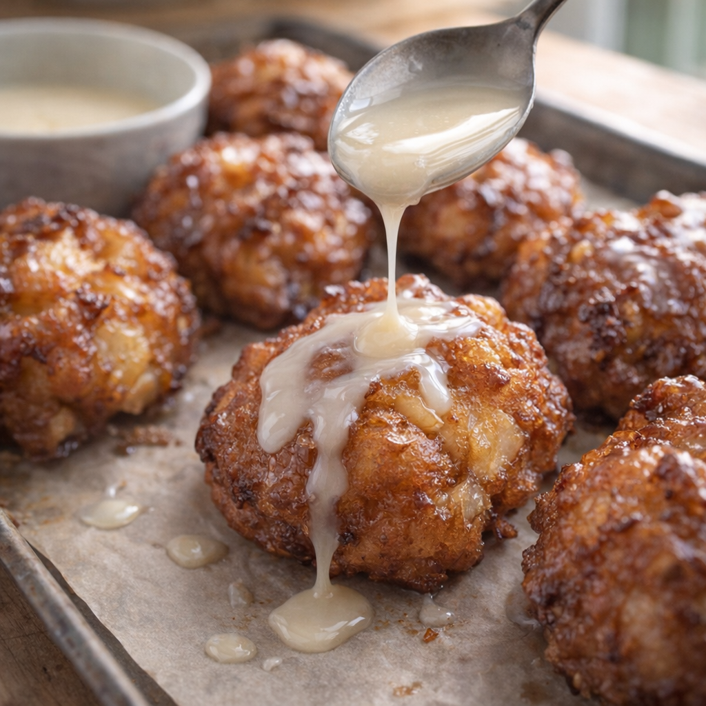 Vanilla glaze being drizzled over warm apple fritters
