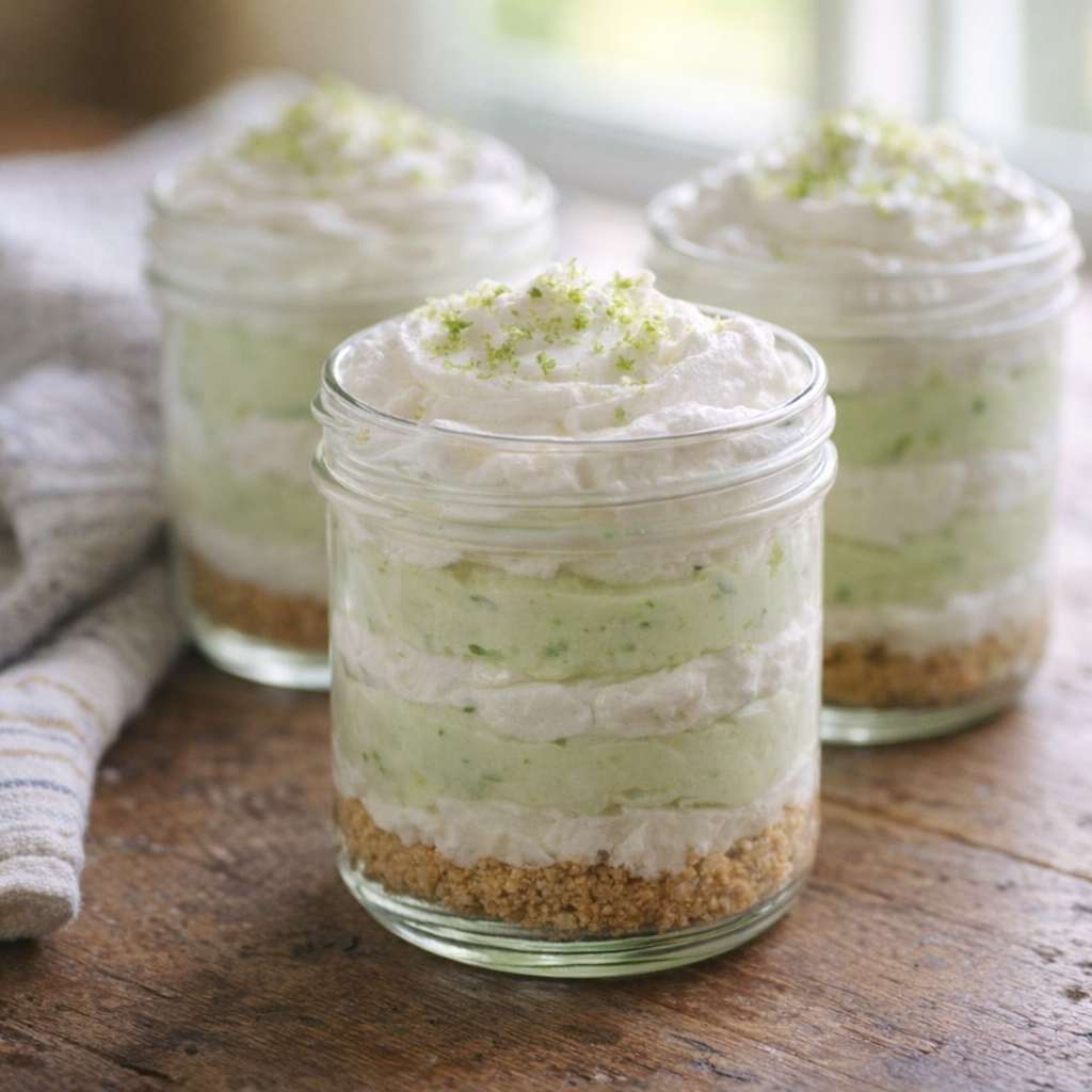 Individual key lime icebox cake servings in small glass jars