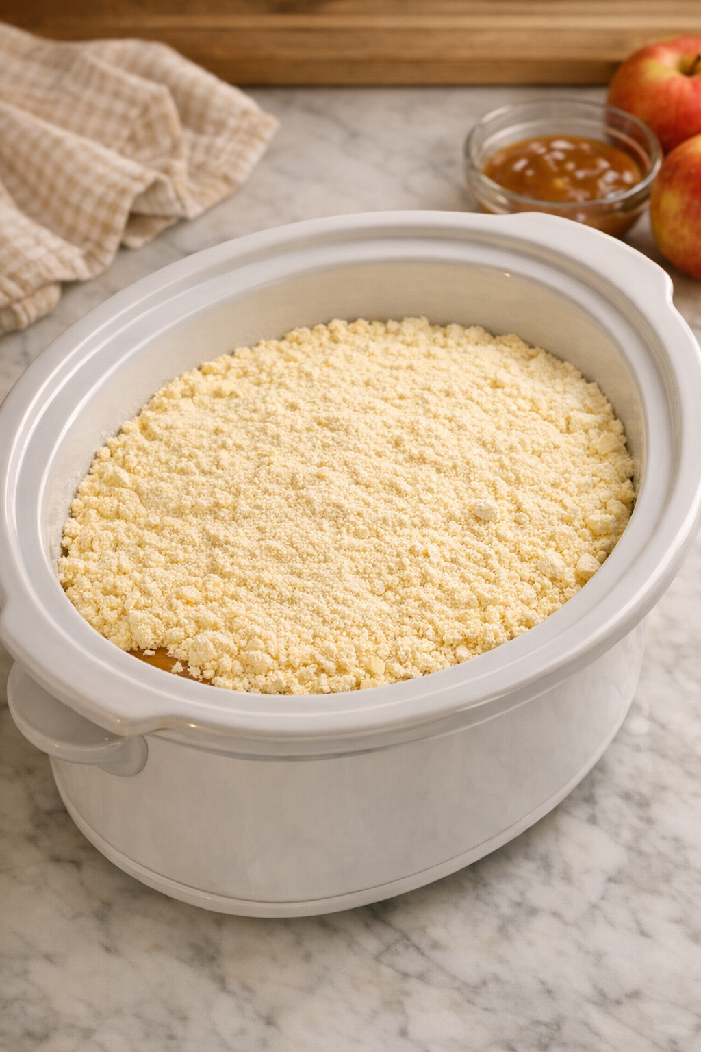 Dry cake mix covering the apple filling in the slow cooker