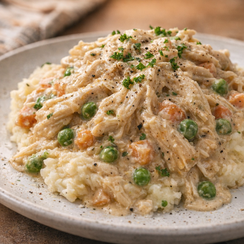 Creamy chicken served with peas and carrots for a colorful variation