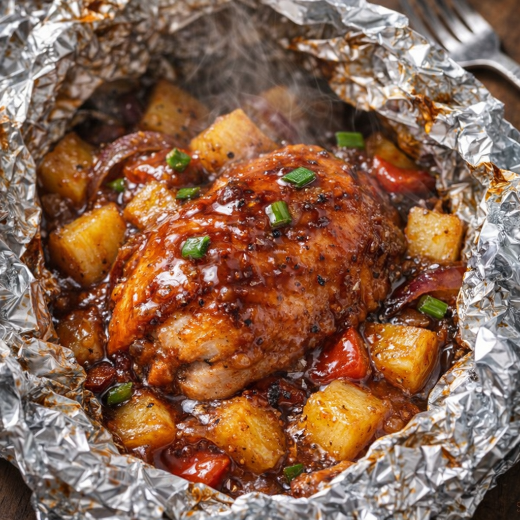 Cooked BBQ pineapple chicken opened in a foil packet with steam rising