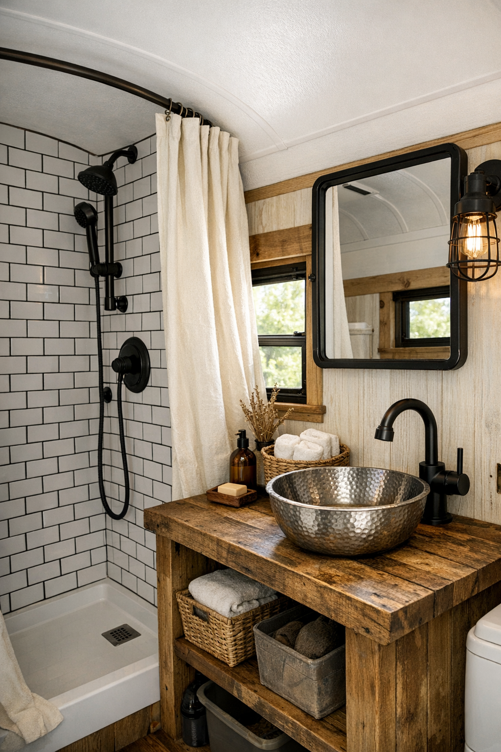 Compact rustic bus bathroom with white tile shower, reclaimed wood vanity, and metal basin sink