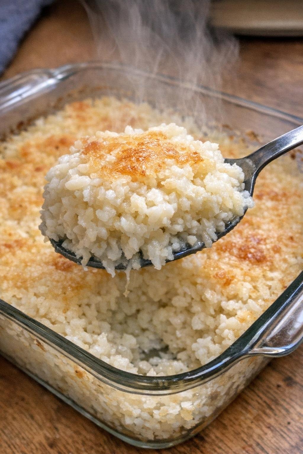 Fluffy buttery rice bake in a glass baking dish