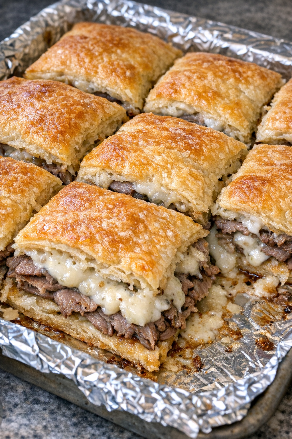Close-up of baked beef horseradish squares
