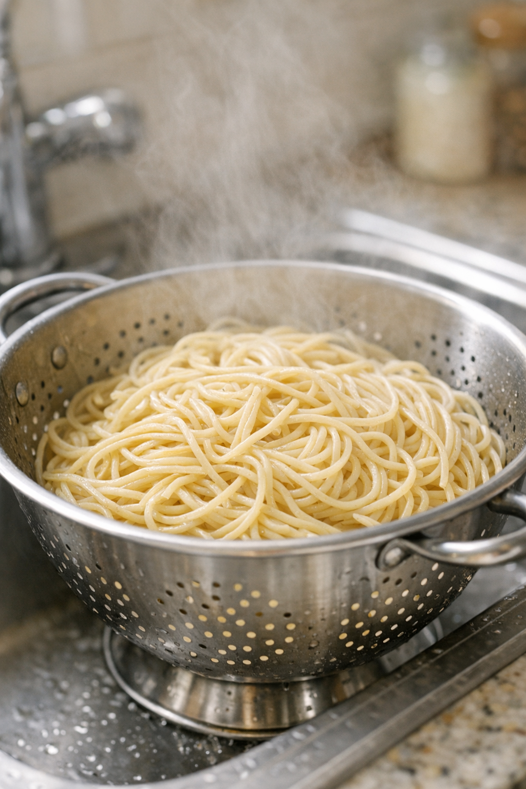 Cooked spaghetti draining in a colander