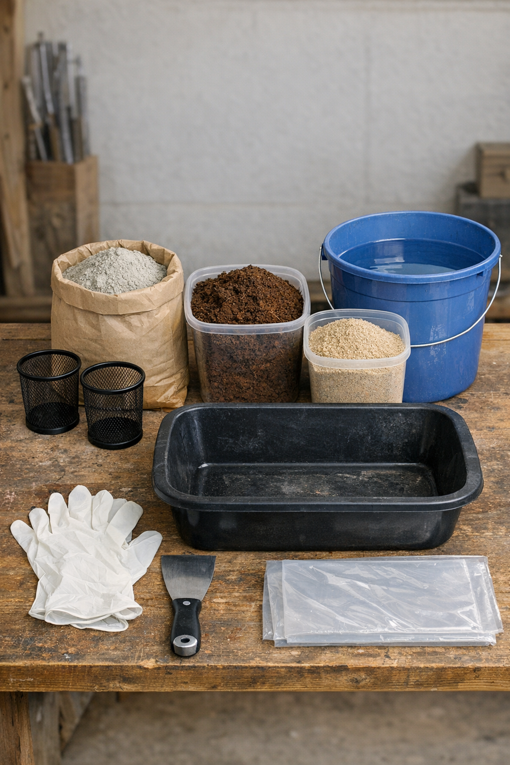 Materials for making textured cement garden columns laid out on a worktable
