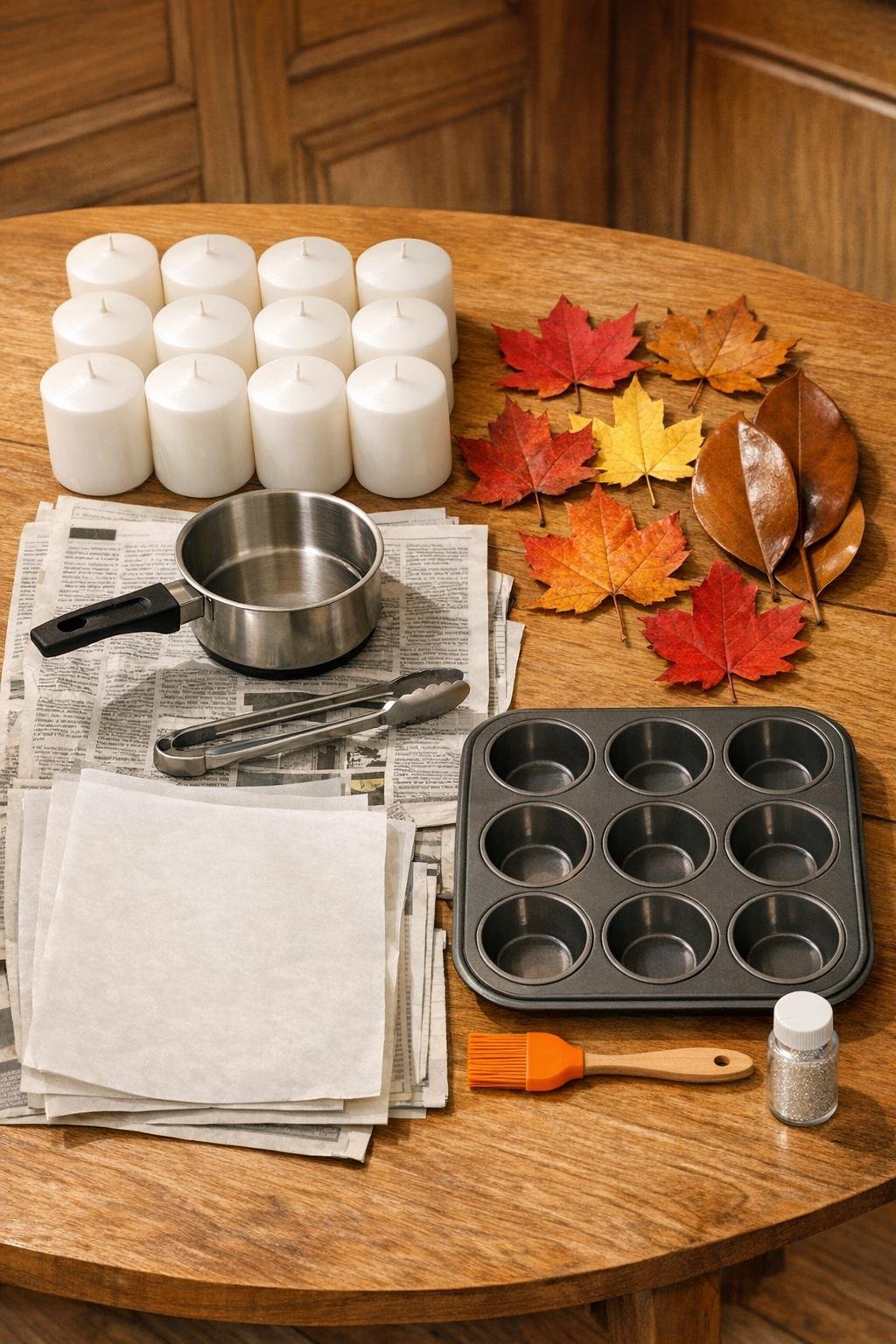 Materials for making wax leaf trays laid out on a table