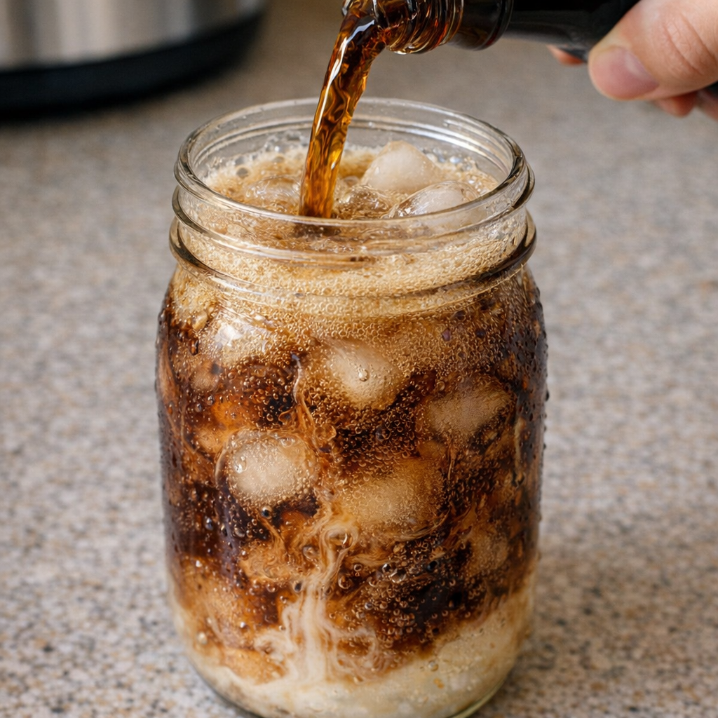 Cola being poured into an ice-filled mason jar