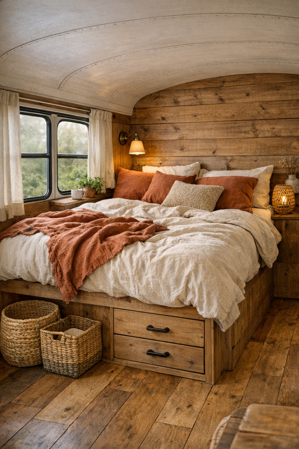 Cozy converted bus bedroom with a platform bed, linen bedding, and wood-paneled walls