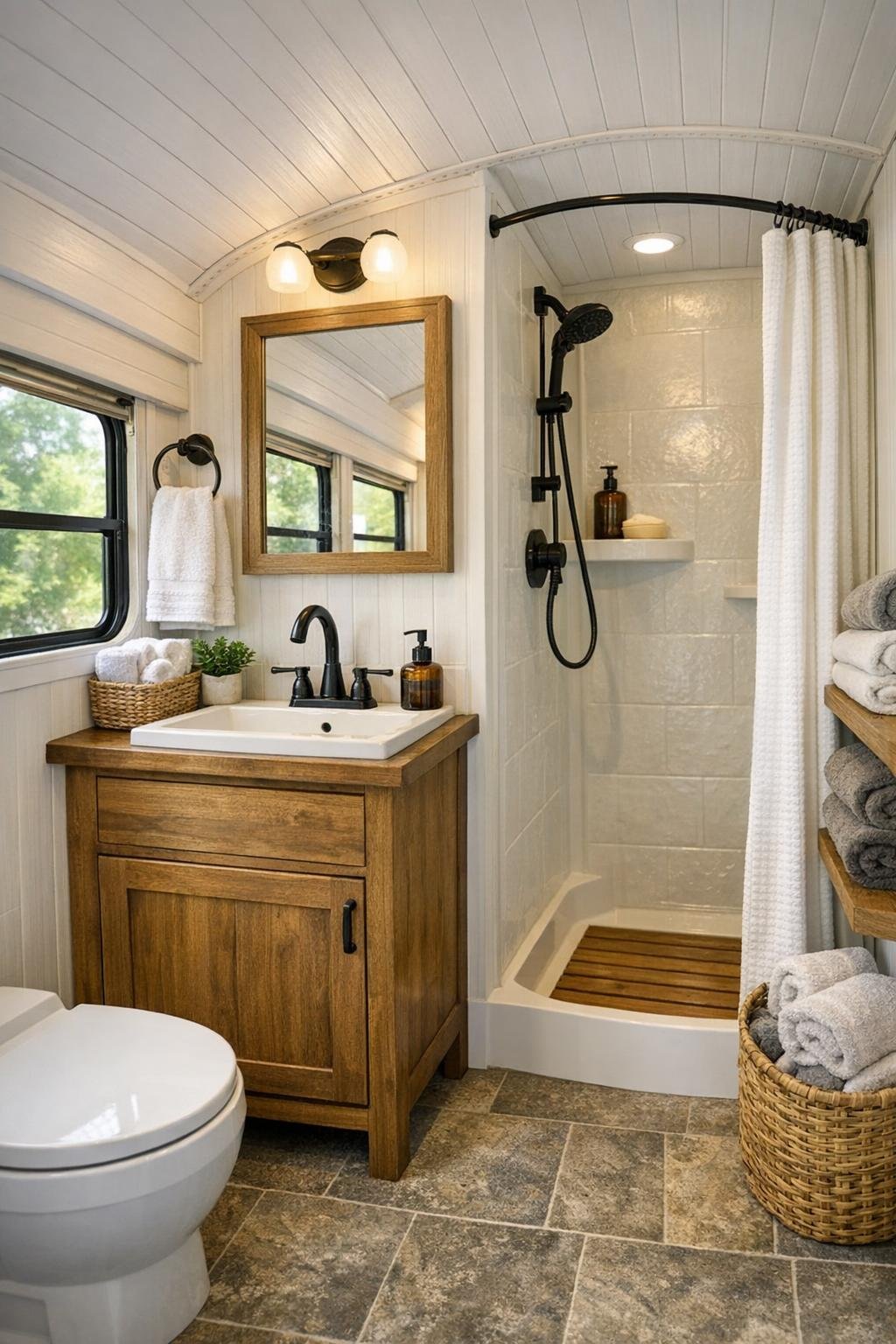 Compact bathroom in the bus with a wood vanity, simple tile, and bright natural light