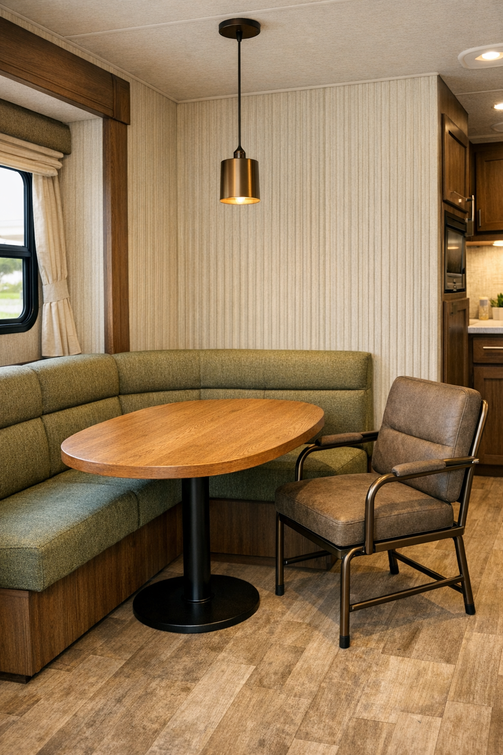 Rounded oak dining nook with moss banquette and bronze accents in an accessible RV
