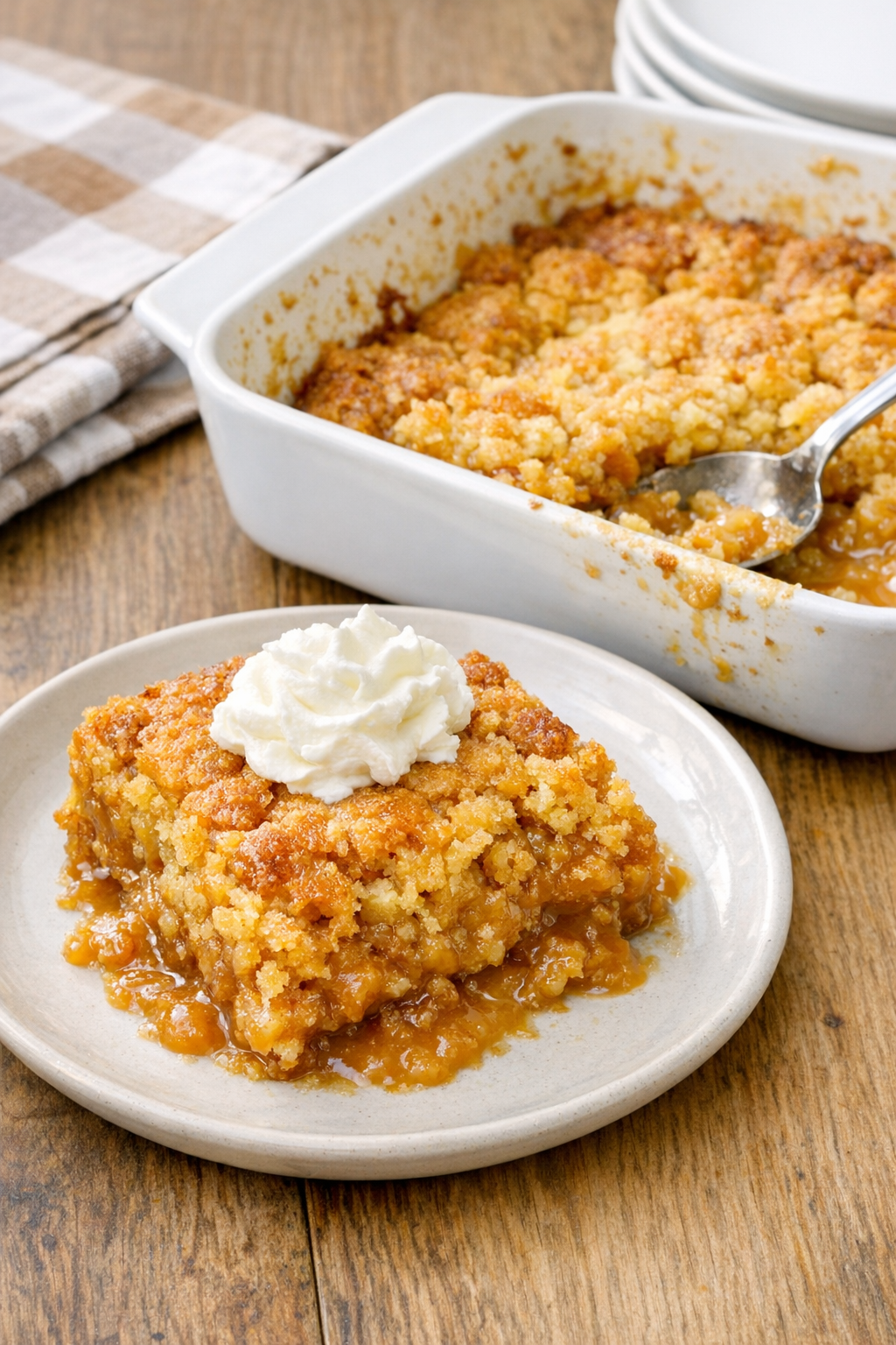Finished butterscotch dump dessert baked golden in a casserole dish