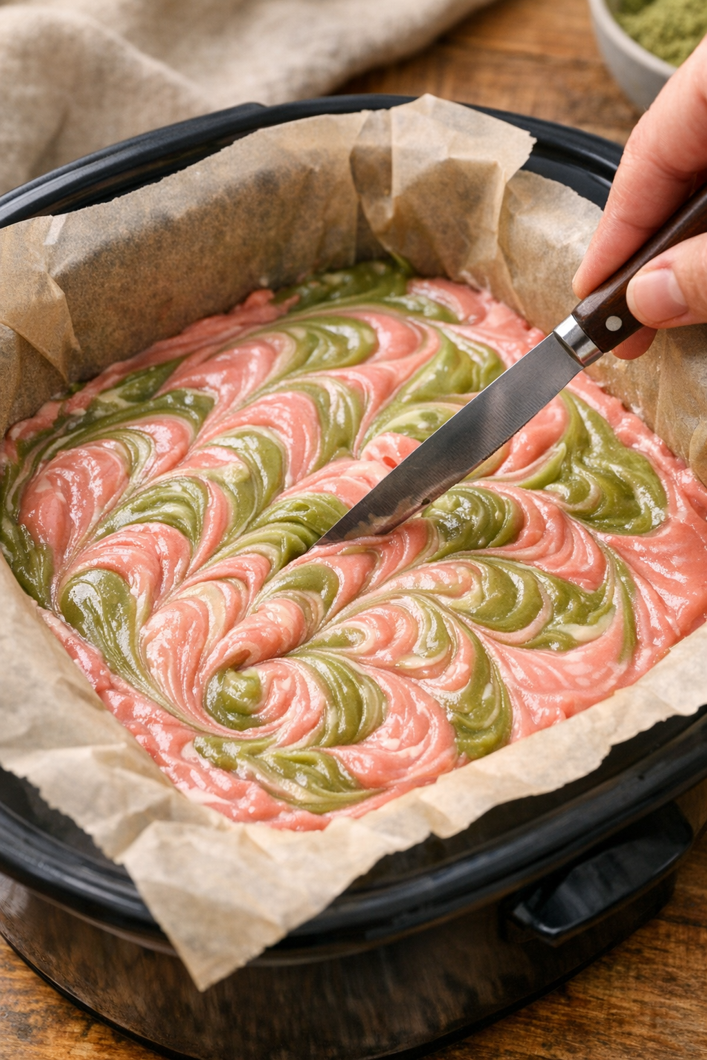 Swirled matcha and strawberry fudge in pan