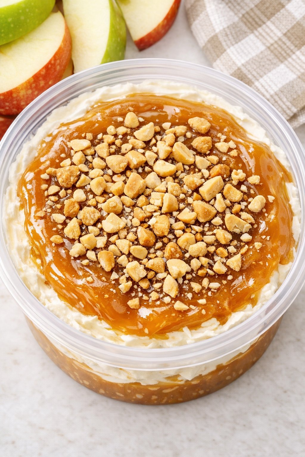 Caramel and peanuts added to the dip