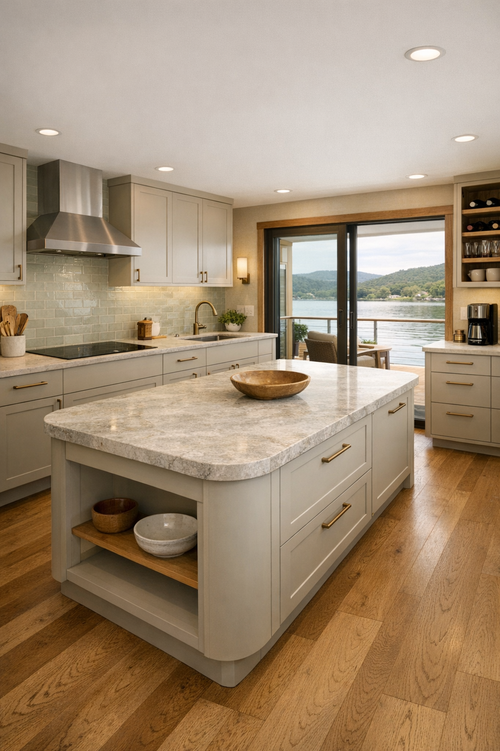 Spacious barrier-free kitchen with putty cabinetry, quartzite island, and celadon tile backsplash