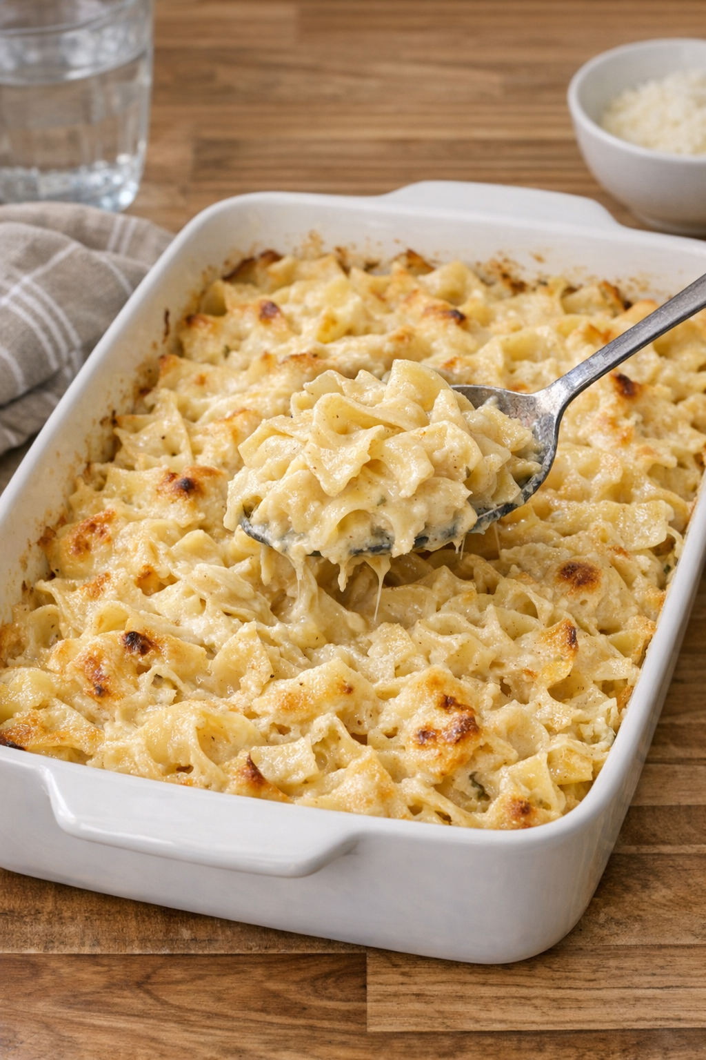 Finished baked roasted garlic cream noodles in a casserole dish