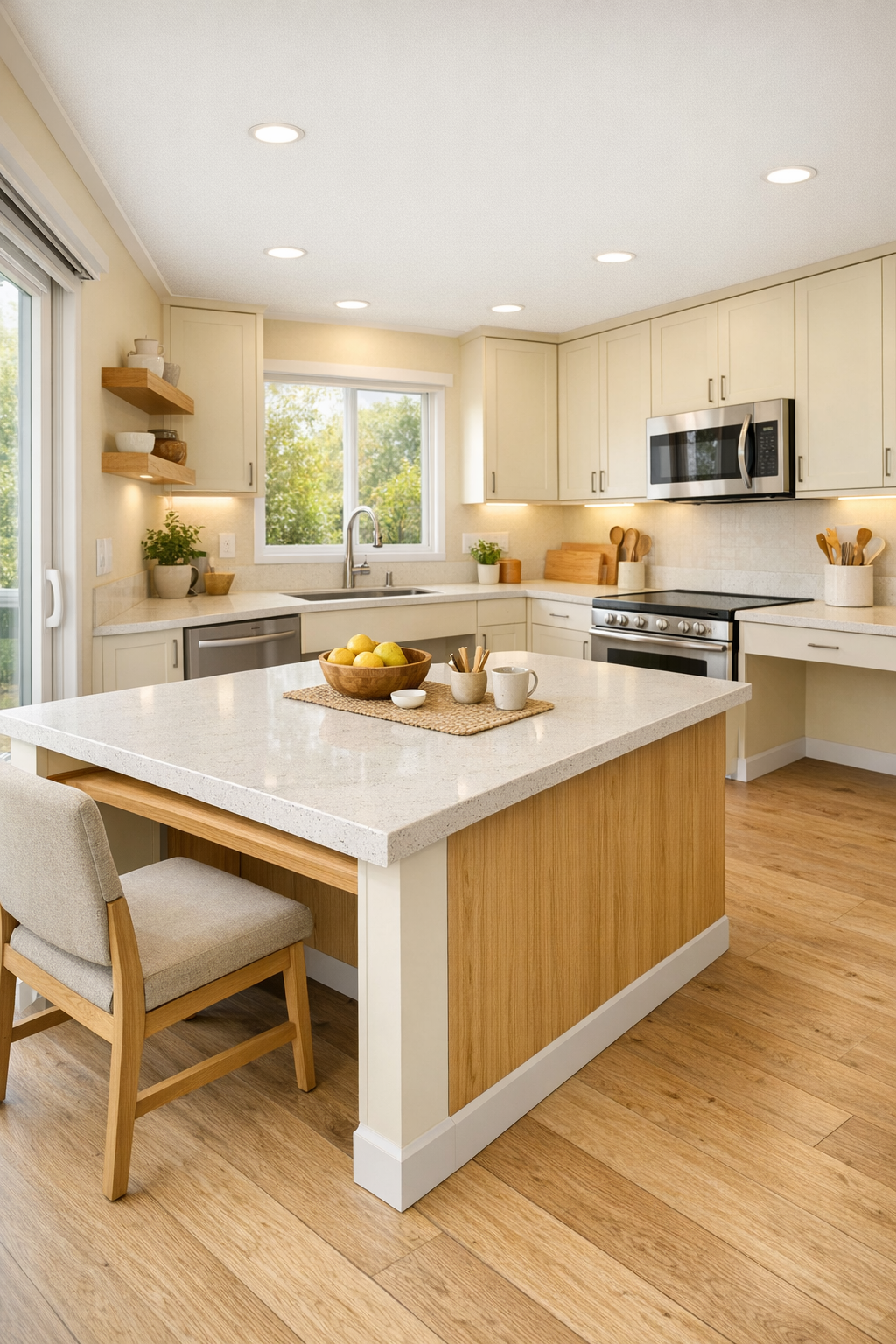 Accessible modern kitchen with light cabinetry, quartz counters, and warm wood details