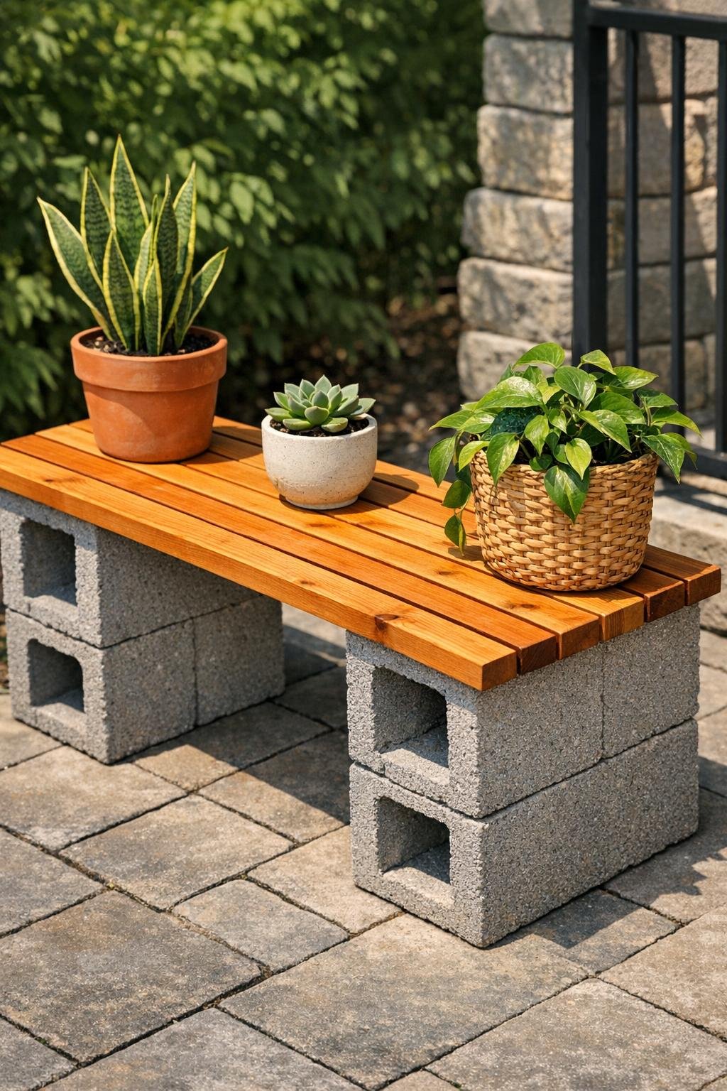 Finished cedar slat patio plant stand over gray cinder blocks