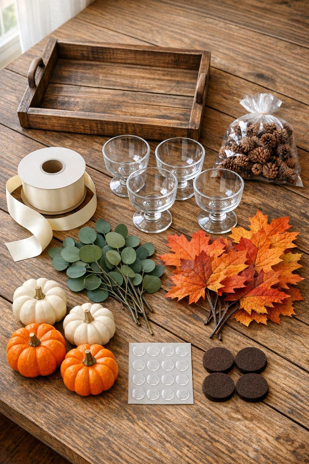 Materials for a pumpkin riser laid out on a wooden surface