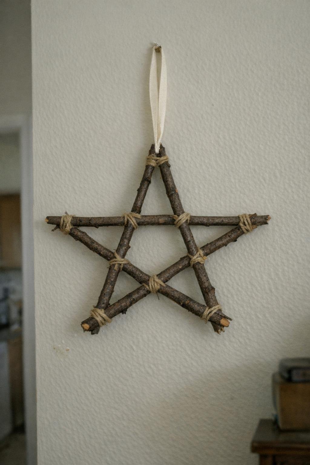 Twig star wall hanging tied with twine