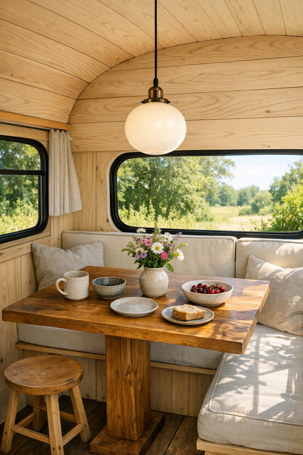 Cozy dining nook in a converted bus with a small wood table, built-in bench, and soft summer light