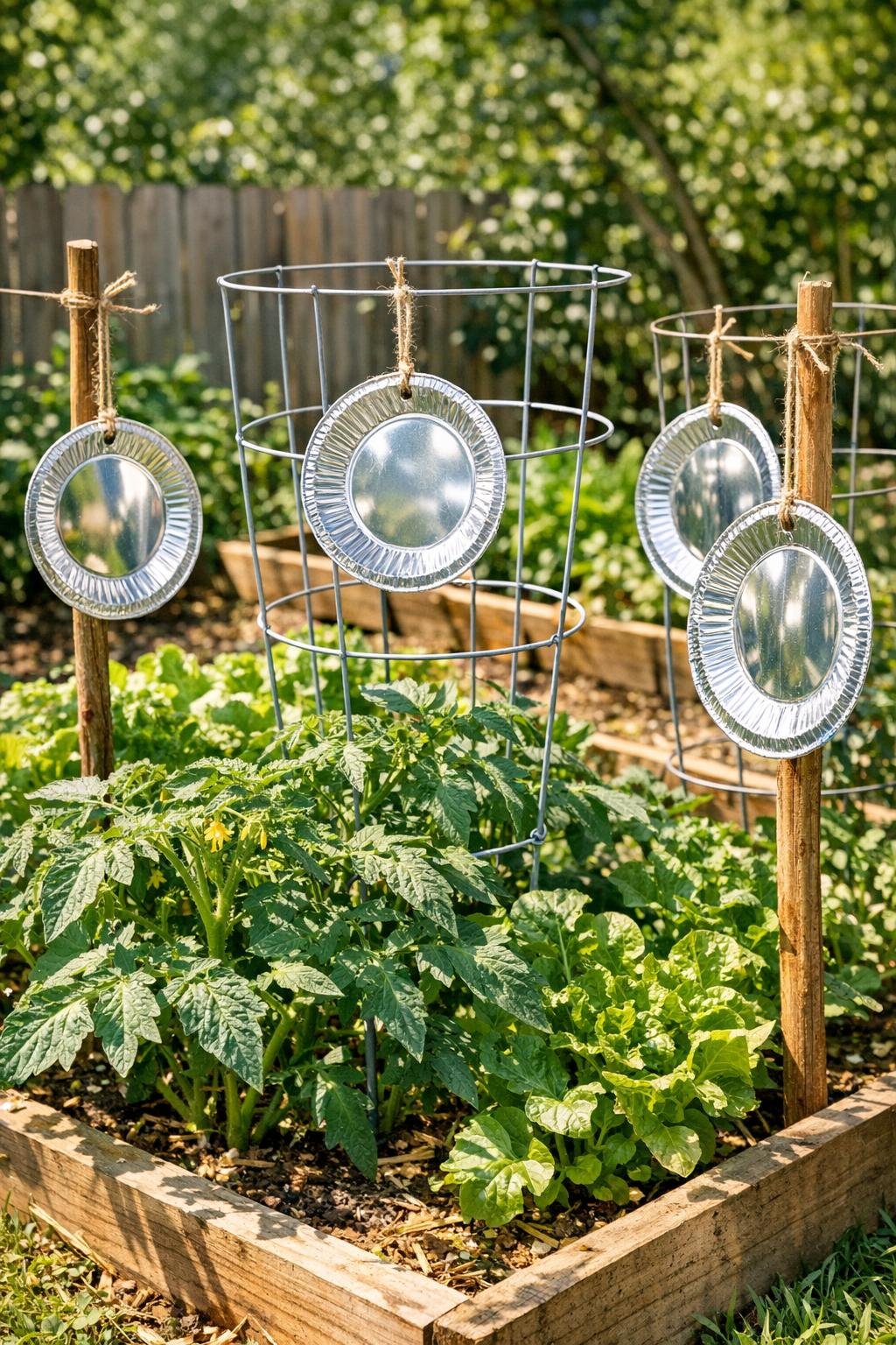 Finished aluminum pie tin deterrents protecting a garden bed