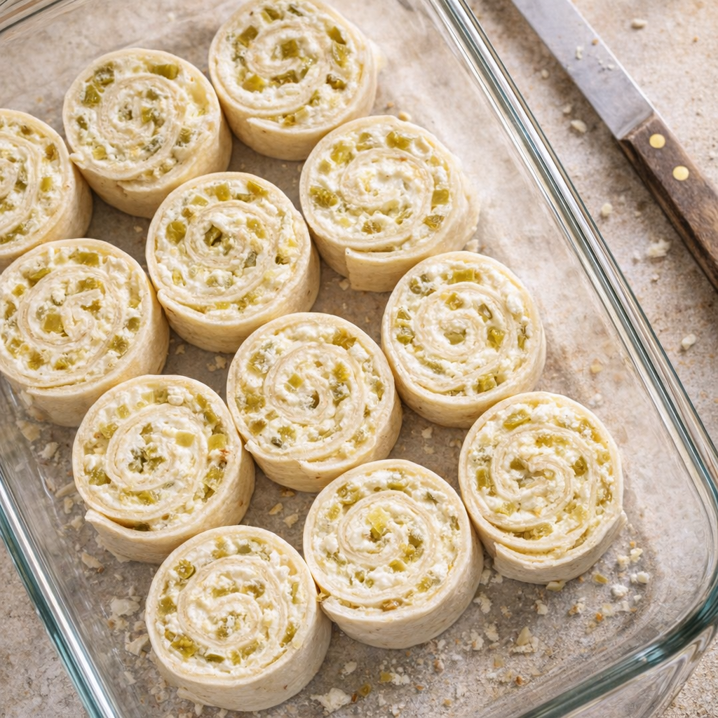 Unbaked pinwheels arranged in a glass baking dish