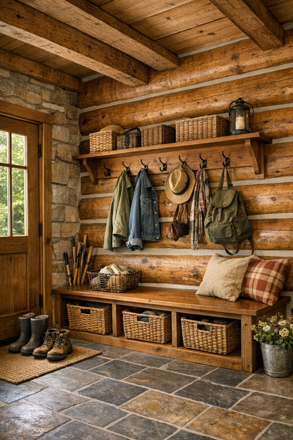 Welcoming mudroom and hallway area with built-in bench, baskets, and rustic wood details