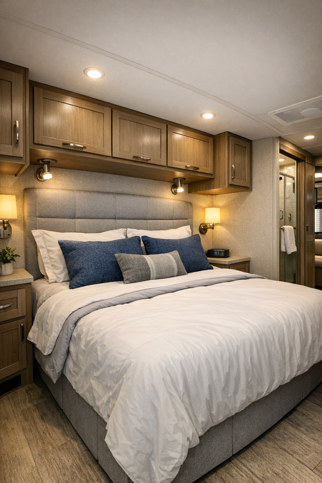 Serene RV bedroom with indigo accents and integrated storage