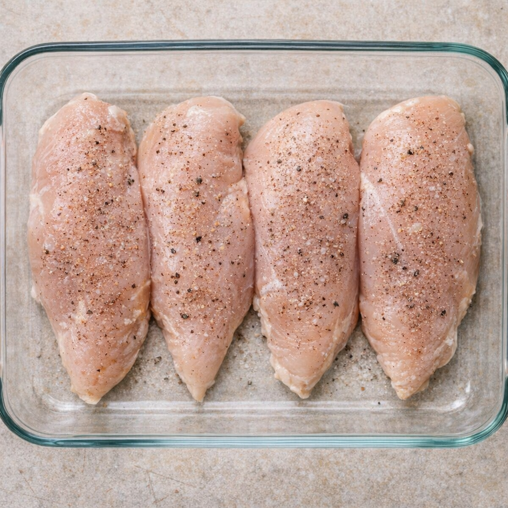 Seasoned raw chicken breasts arranged in a glass baking dish