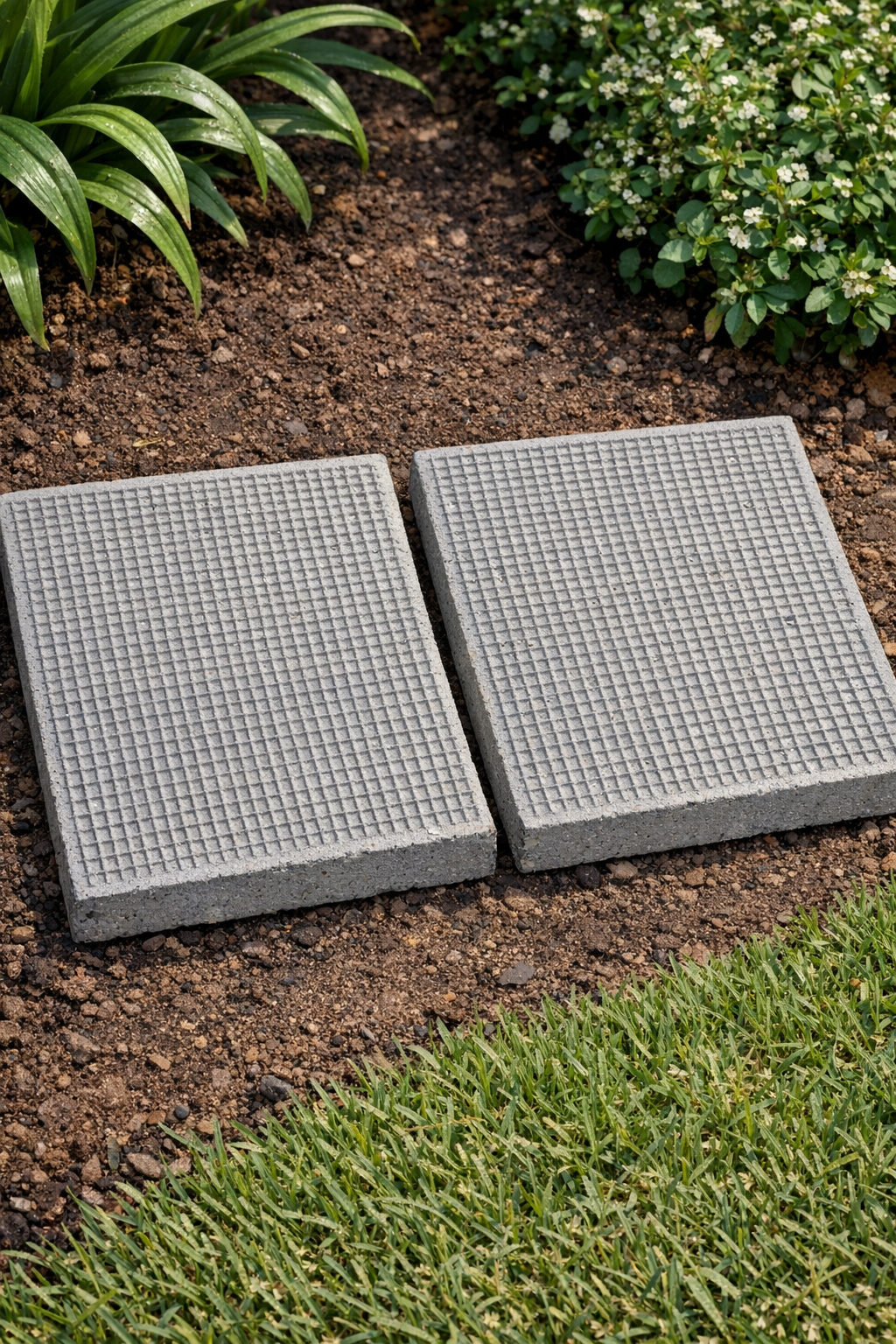 Finished textured cement yard slabs placed in a garden setting