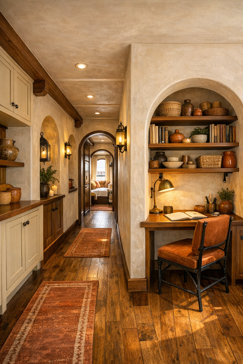 Thoughtfully designed hallway and office nook with warm wood flooring and built-ins