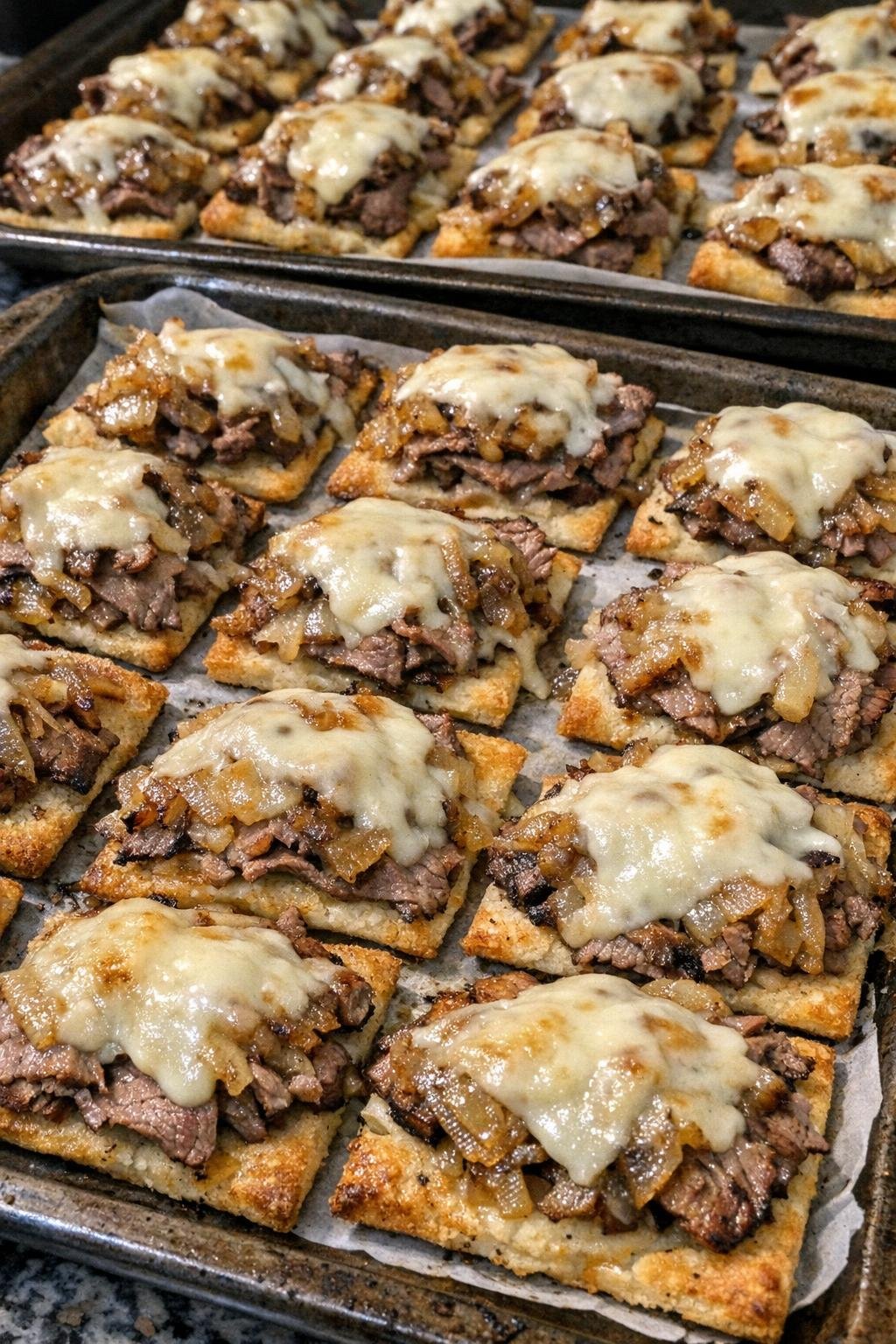 Oven baked beef flatbread bites on baking sheets