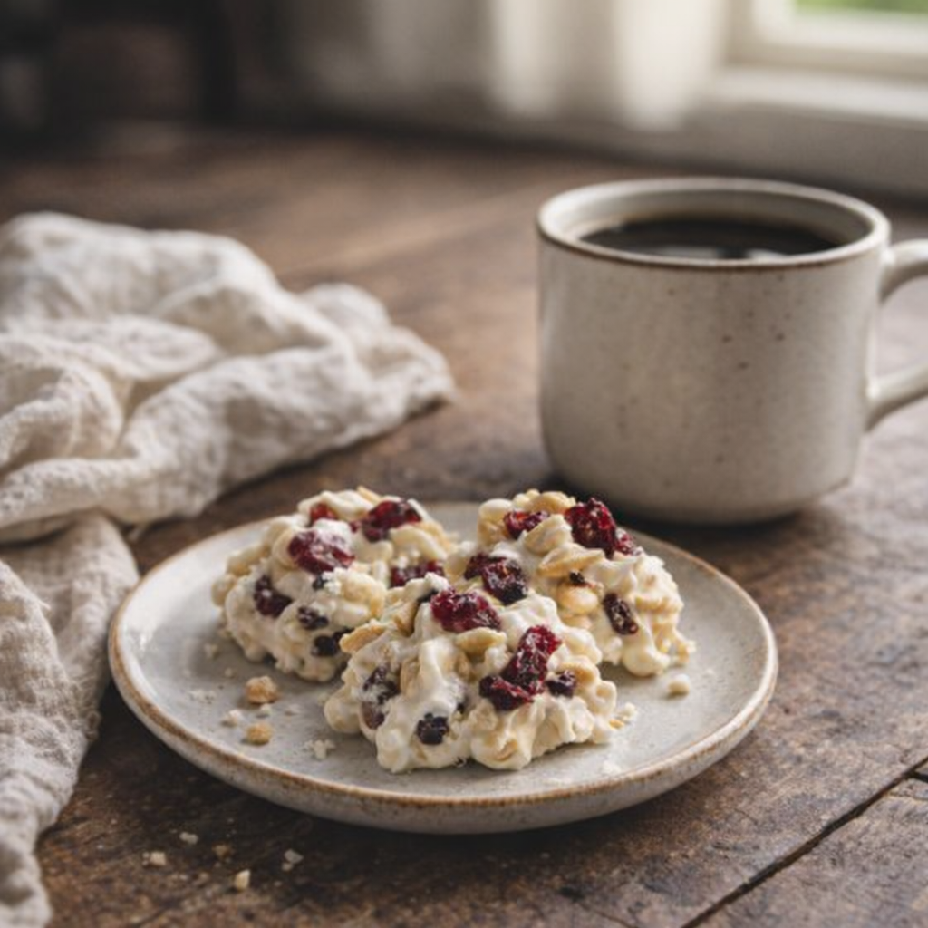 Cashew clusters served with coffee on a farmhouse table
