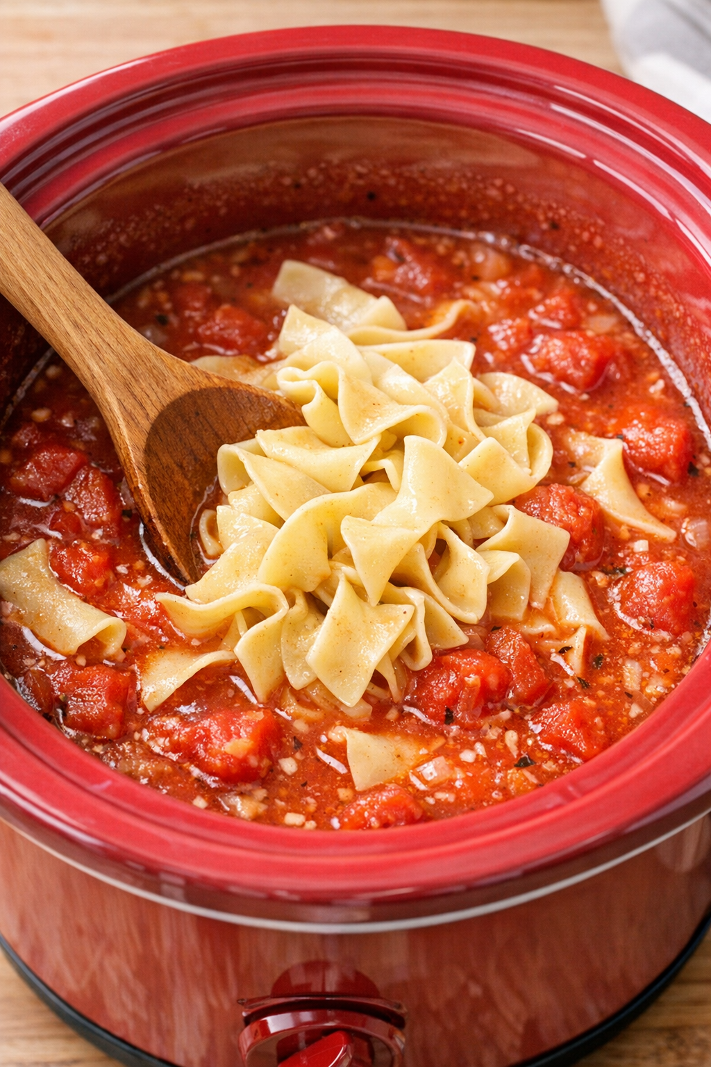 Egg noodles being stirred into hot tomato broth in the slow cooker