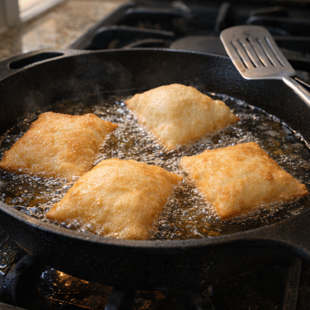 Dough frying in a cast-iron skillet