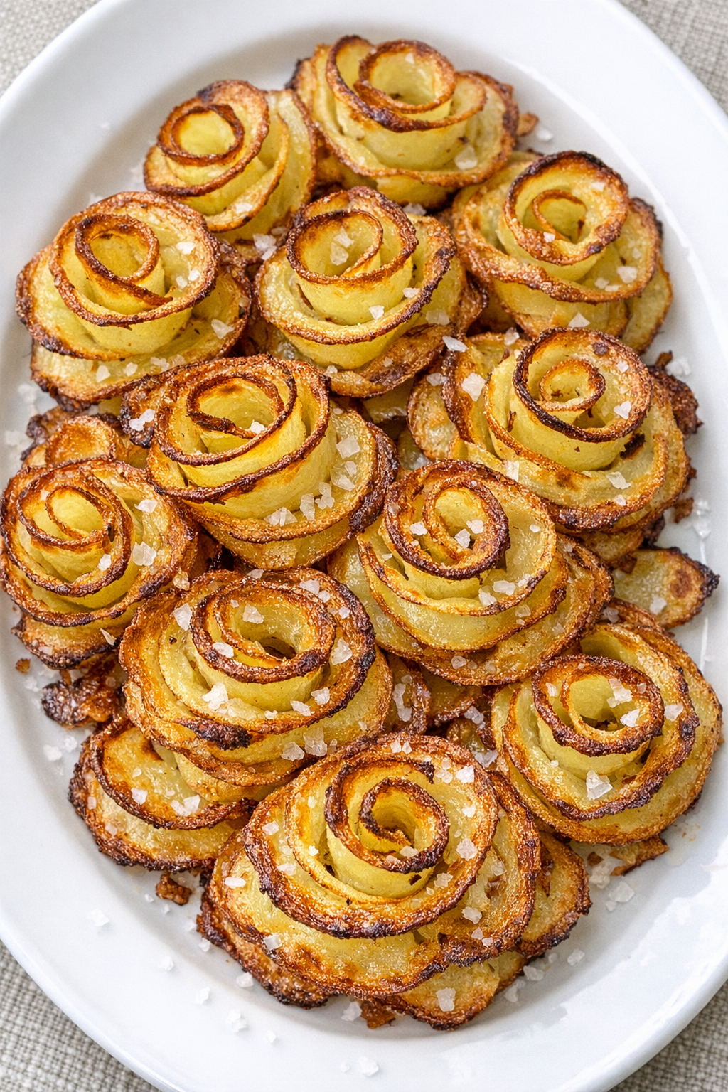 Golden potato ribbon spirals on a white oval platter